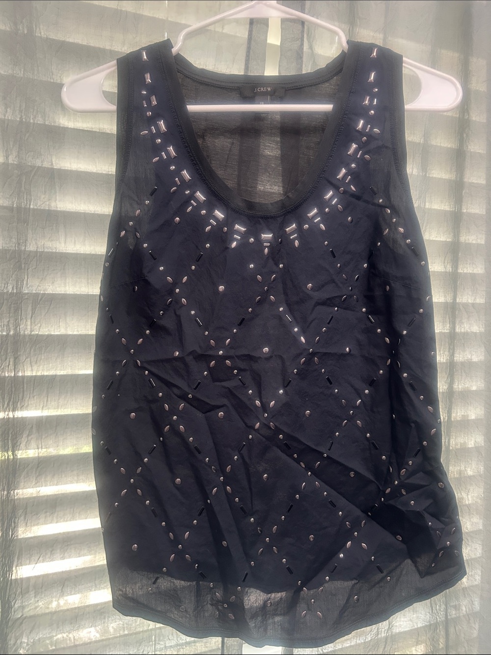 J. Crew Black Embellished Mesh-Back Tank
